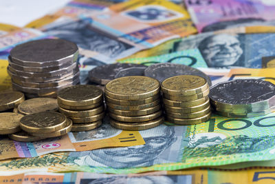 Close-up of coins on table