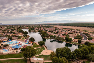 Drone view of rancho sahuarita and sahuarita lake, a new home community in southern arizona.