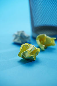 Close-up of yellow leaf on blue table