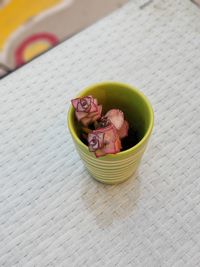 High angle view of vegetables in bowl on table