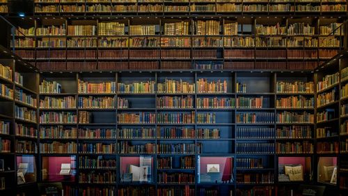 Full frame shot of books in shelf