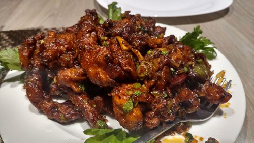 High angle view of food in plate