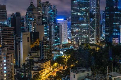 High angle view of illuminated buildings at night