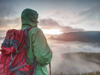 Rear view of man looking at mountain during winter