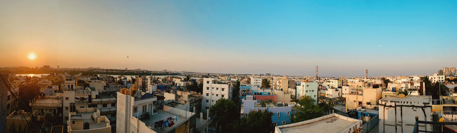 High angle view of townscape against sky at night