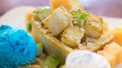 Close-up of dessert served on table