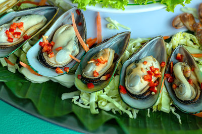 High angle view of meal served on table