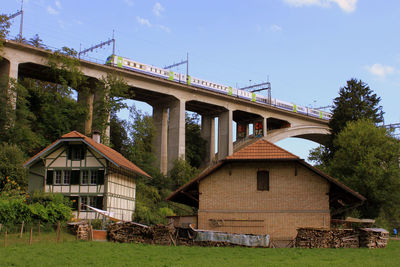 Low angle view of house by building against sky