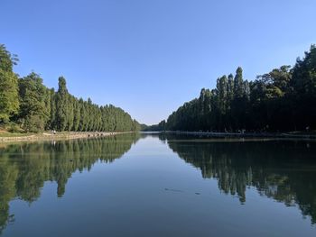 Scenic view of lake against clear blue sky