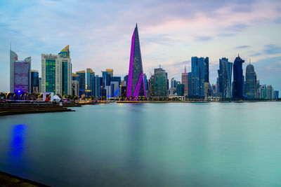 Beautiful doha skyline view from corniche beach