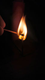 Close-up of hand holding burning candle