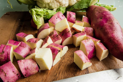 High angle view of chopped vegetables on cutting board