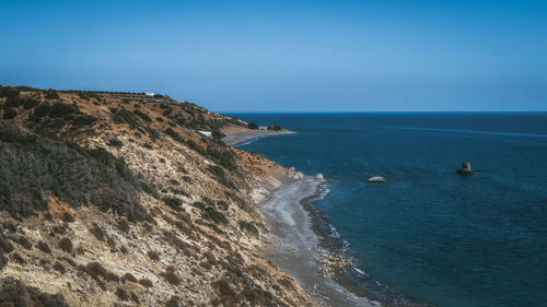 Scenic view of sea against clear blue sky