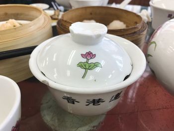 High angle view of tea cups on table