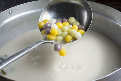 High angle view of eggs in container