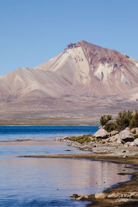 Scenic view of rocky mountains against clear blue sky