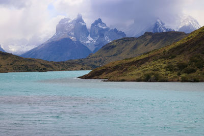 Scenic view of sea and mountains against sky