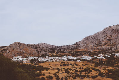 Scenic view of rocky mountains against clear sky