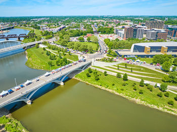 High angle view of buildings in city