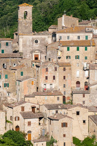 High angle view of buildings in city of sorano in tuscany italy