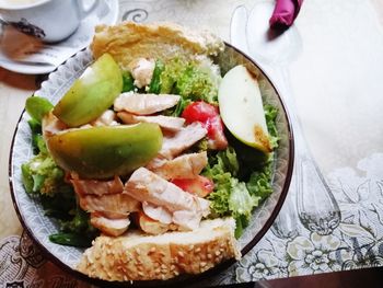 High angle view of food served on table