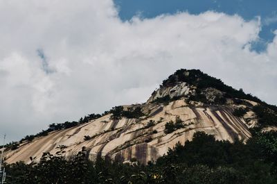 Low angle view of mountain against cloudy sky