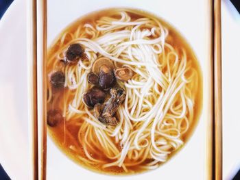 High angle view of soup in bowl