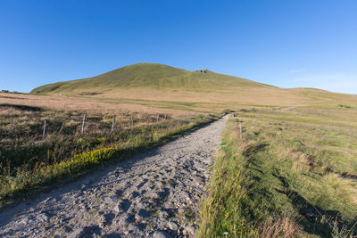 Path in the morning in front of the puy de la tache in auvergne