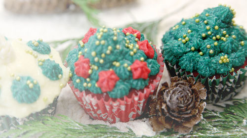 Close-up of christmas decorations on table