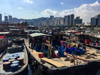 Boats moored at harbor