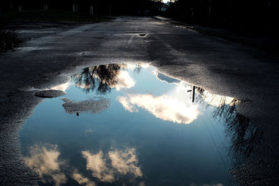 Reflection of trees in puddle during winter