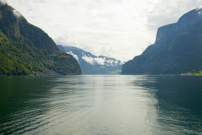 Scenic view of lake by mountains against sky