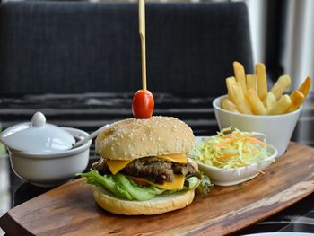 Close-up of food served on table