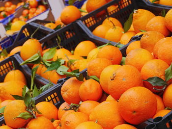 Close-up of oranges in crates for sale in market