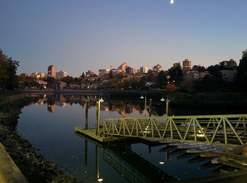 Scenic view of river by buildings against clear sky