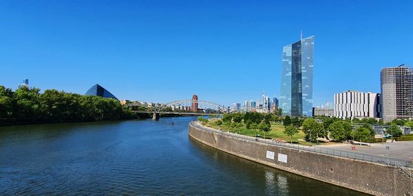 Bridge over river against clear blue sky