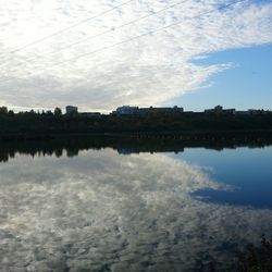 Reflection of trees in calm water