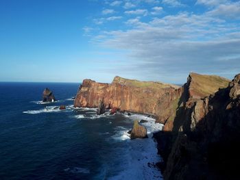 Scenic view of sea and rock formations against sky