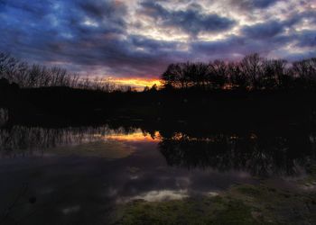 Scenic view of lake against sky at sunset