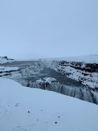 Scenic view of snow covered landscape against clear sky