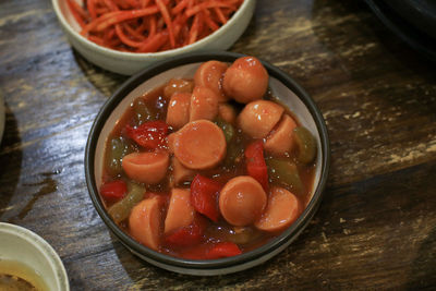 High angle view of food in bowl on table