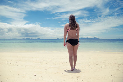 Rear view of young woman standing on beach