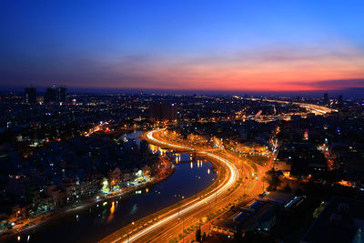 High angle view of the illuminated city at night