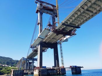 Commercial dock by sea against clear blue sky