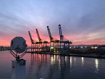 Cranes at commercial dock against sky during sunset