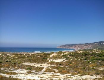 Scenic view of sea by landscape against clear blue sky