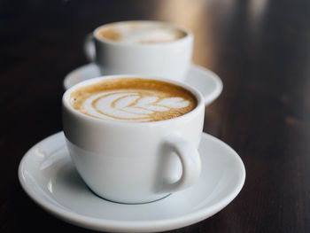 Close-up of cappuccino on table