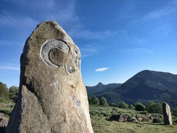 Close-up of rock on mountain against sky