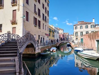 Boats in canal in city against clear blue sky