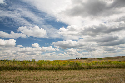 Scenic view of field against cloudy sky